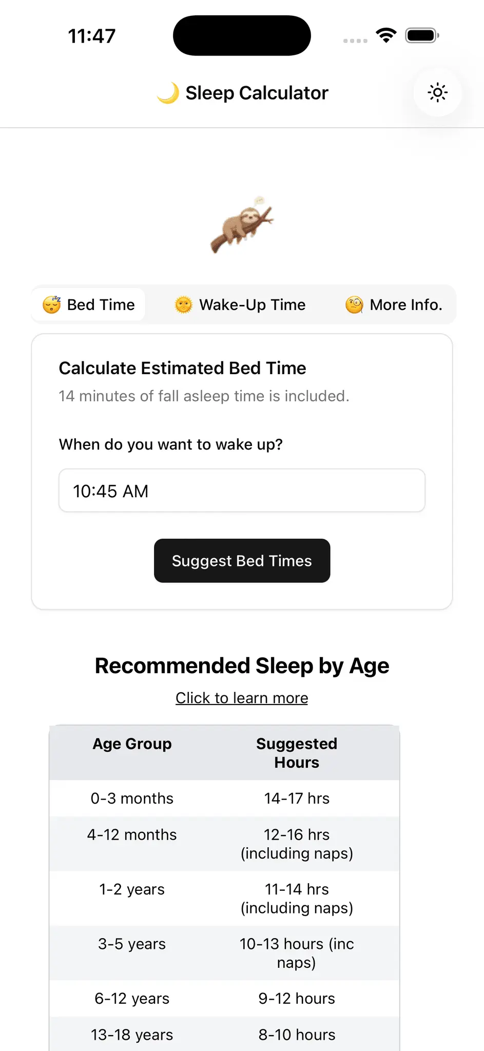 Screenshot 1 of Sleep Calculator - Sloth