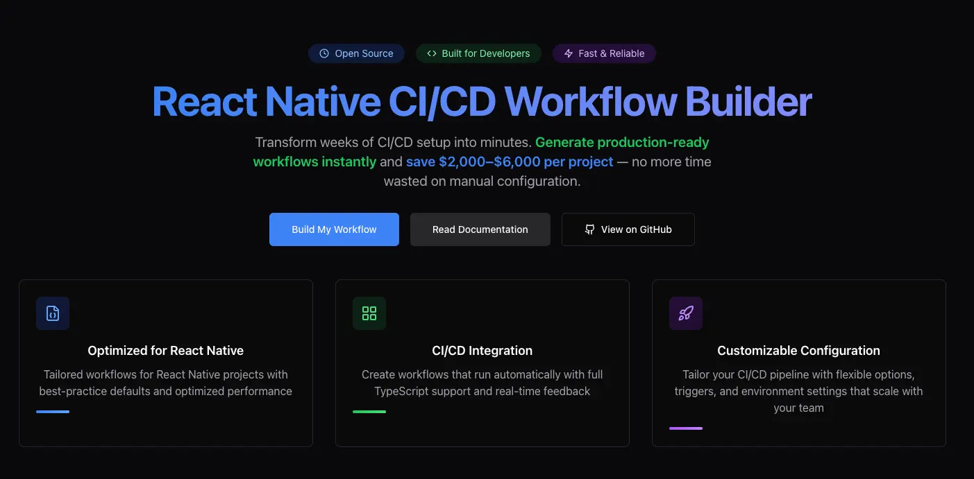 Screenshot 1 of React Native CI/CD workflow builder