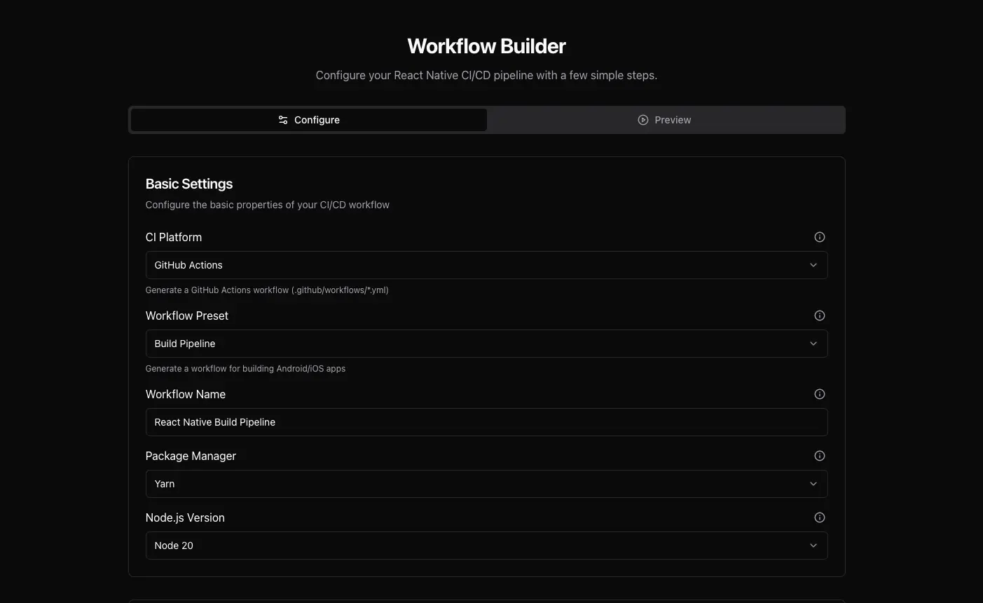 Screenshot 2 of React Native CI/CD workflow builder