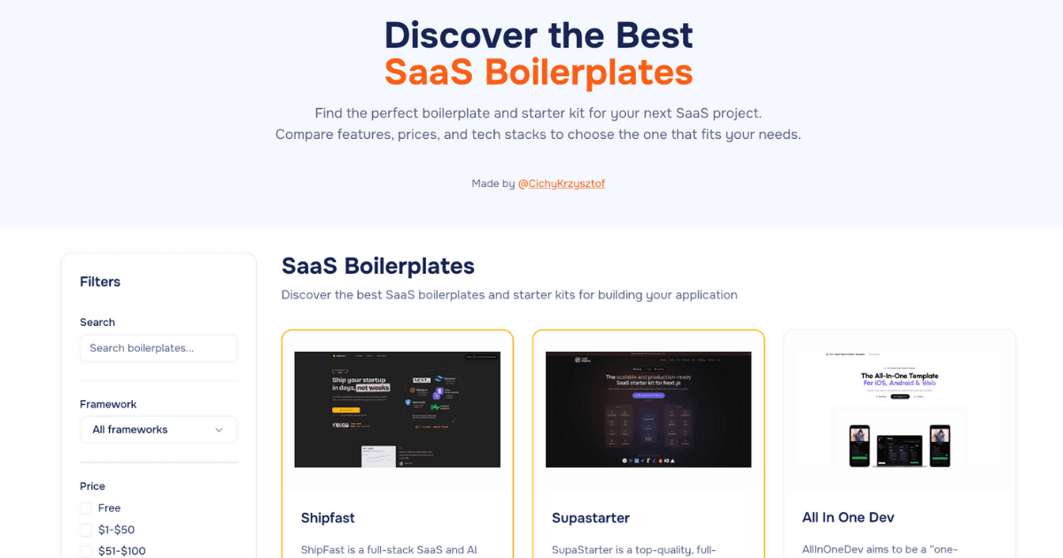 Screenshot 1 of Best SaaS Boilerplates & Starter Kits
