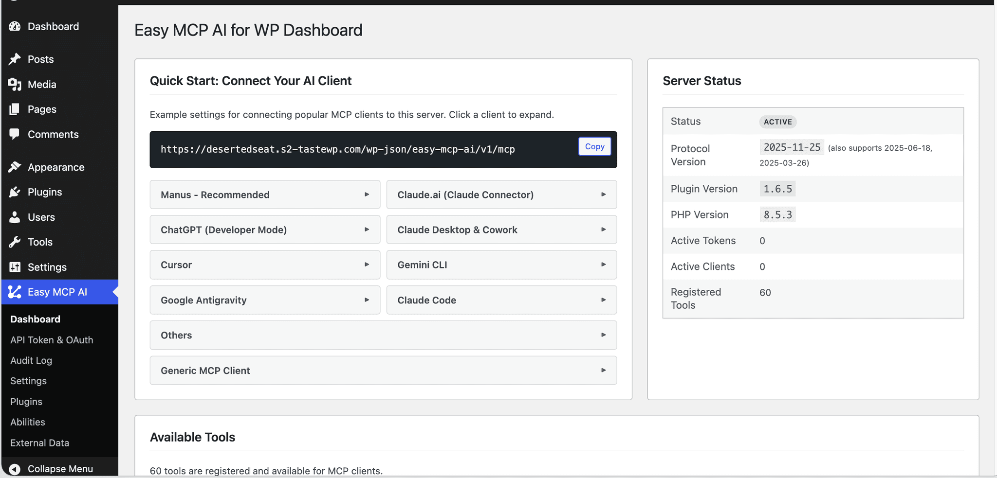 Screenshot 1 of Easy MCP AI - WordPress MCP Plugin